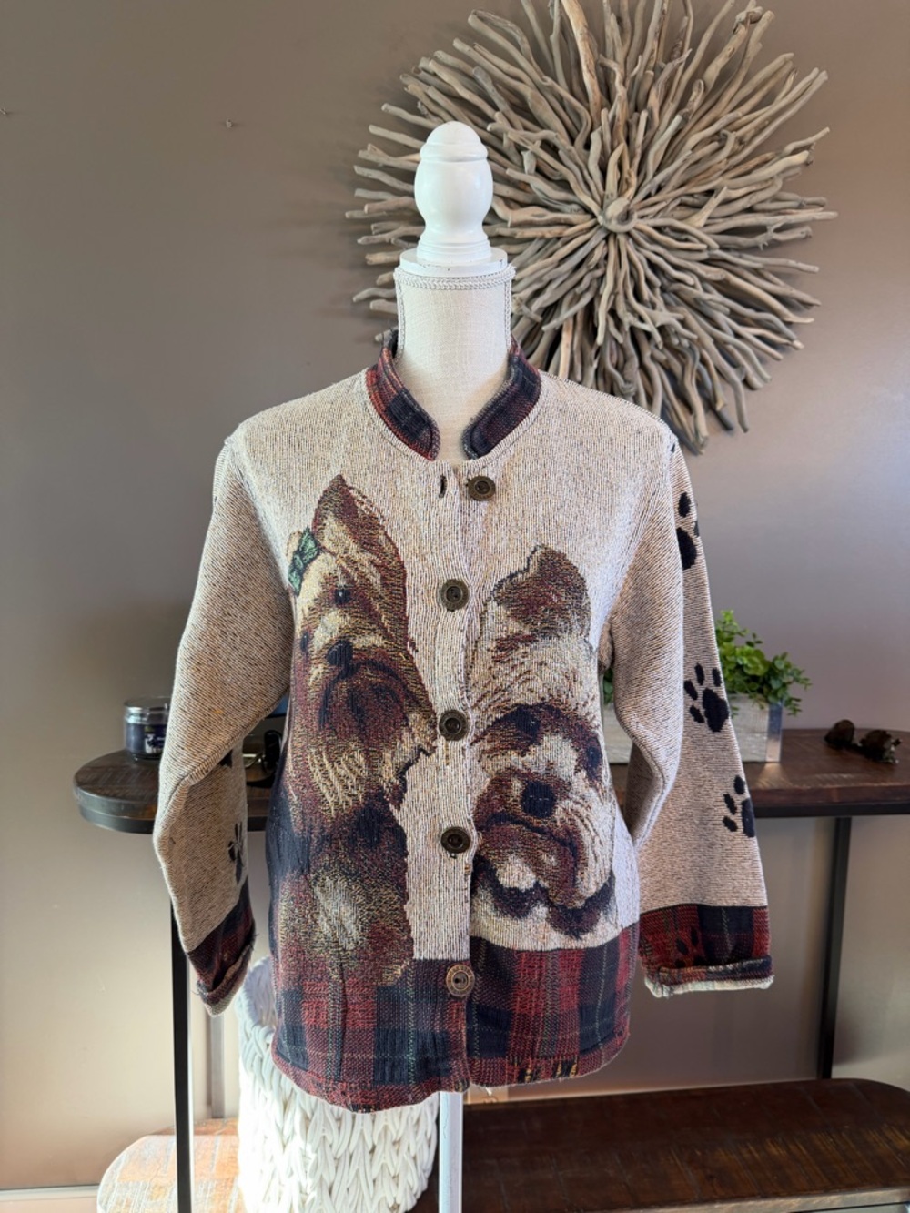 Sugar Street‎ Weavers tapestry cardigan sweater features a Yorkshire Terrier